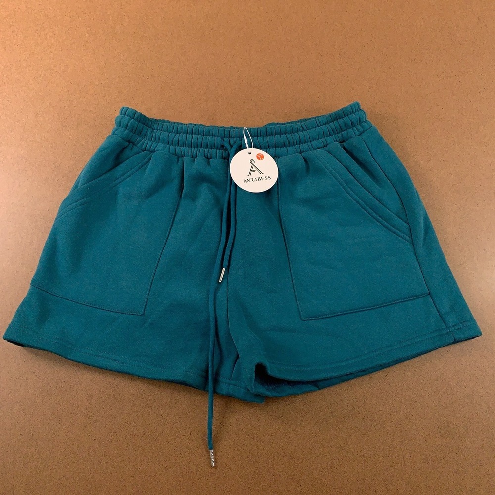 Anrabess Womens Size Large Teal Pocketed High Rise Drawstring Sweat Shorts NWT